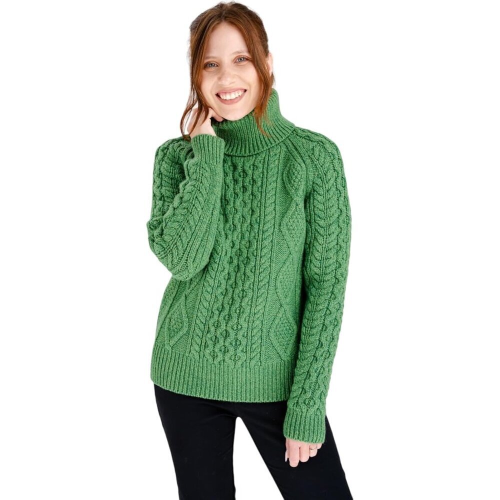 Women's Wool Sweater Irish Cable Knit Turtleneck Small Green Merino